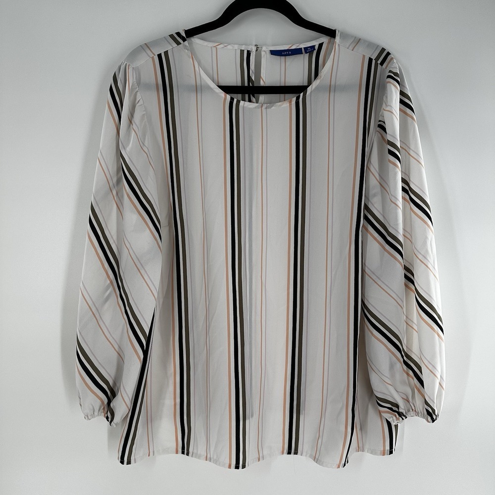 Apt 9 White & Striped Blouse‎ Women XL Long Sleeve Lightweight